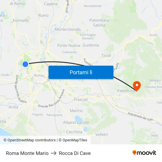 Roma Monte Mario to Rocca Di Cave map