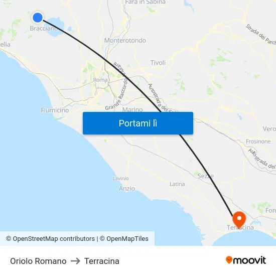 Oriolo Romano to Terracina map