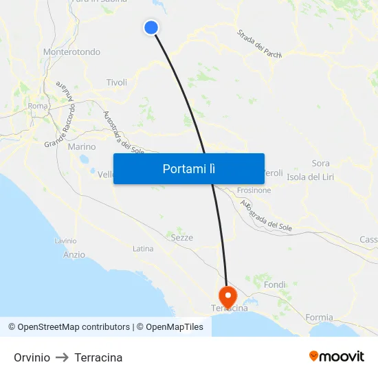 Orvinio to Terracina map