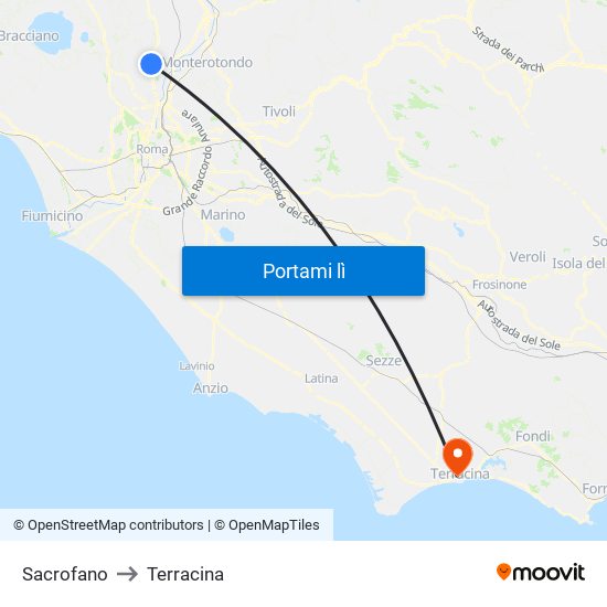 Sacrofano to Terracina map