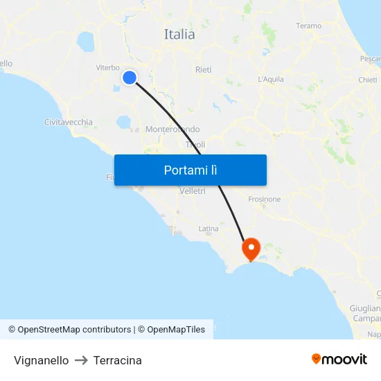Vignanello to Terracina map