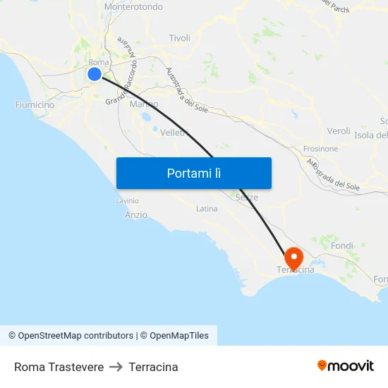 Roma Trastevere to Terracina map