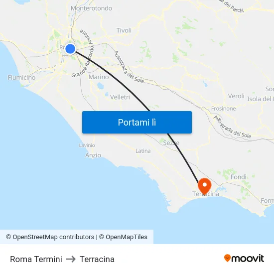 Roma Termini to Terracina map