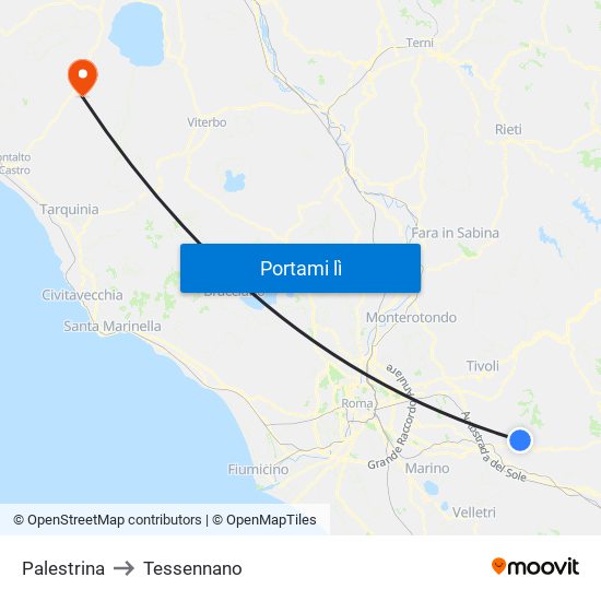 Palestrina to Tessennano map