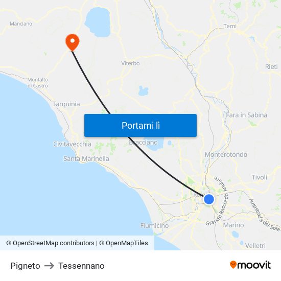 Pigneto to Tessennano map