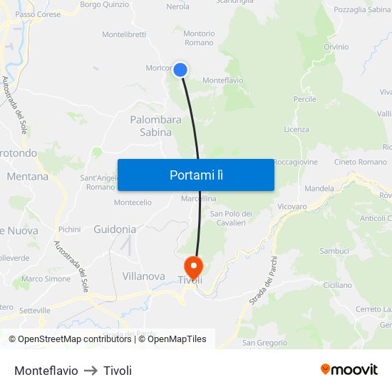 Monteflavio to Tivoli map