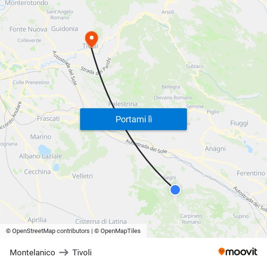 Montelanico to Tivoli map