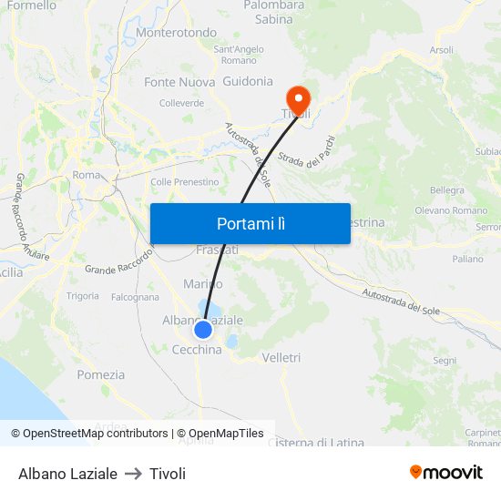 Albano Laziale to Tivoli map