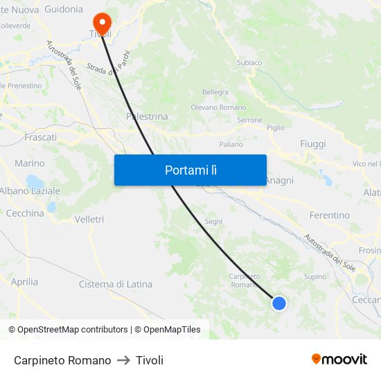 Carpineto Romano to Tivoli map