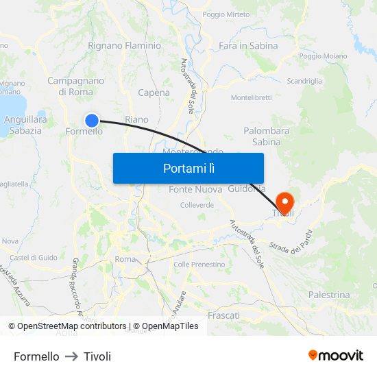 Formello to Tivoli map