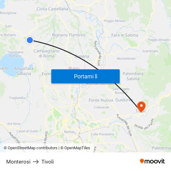 Monterosi to Tivoli map