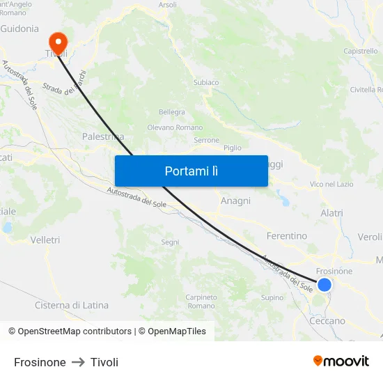 Frosinone to Tivoli map