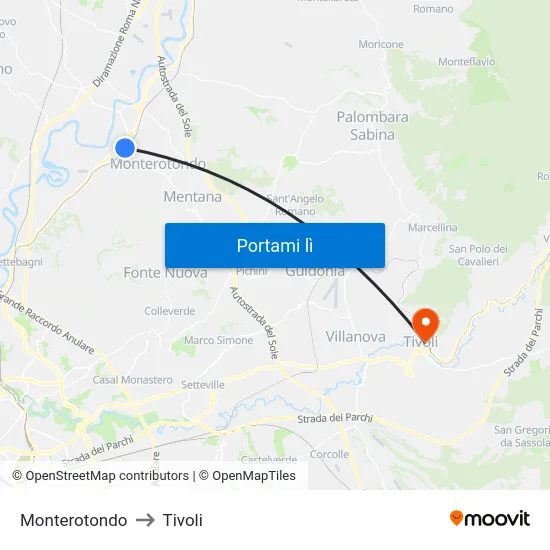Monterotondo to Tivoli map