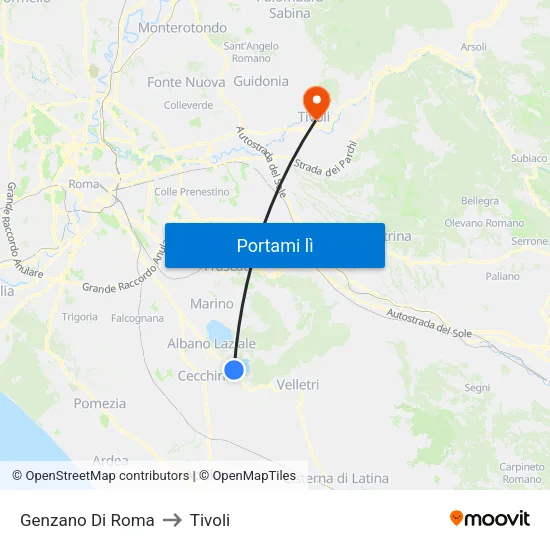 Genzano Di Roma to Tivoli map