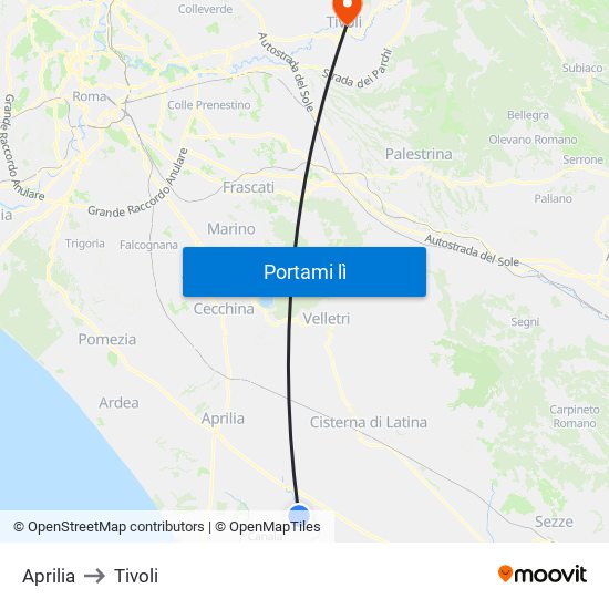 Aprilia to Tivoli map