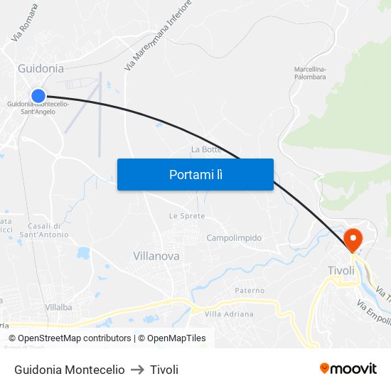 Guidonia Montecelio to Tivoli map