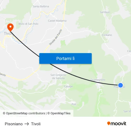 Pisoniano to Tivoli map