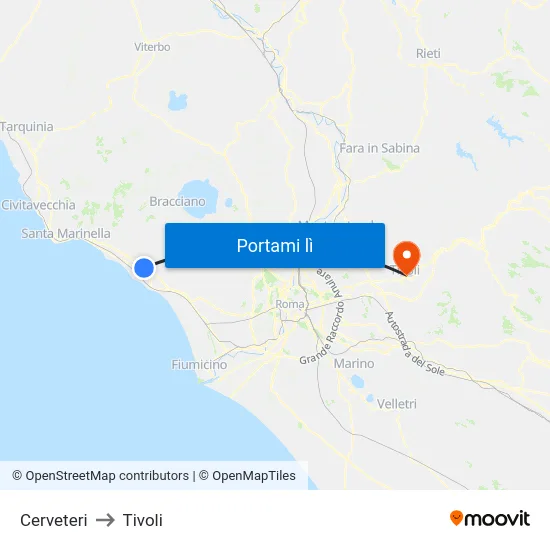 Cerveteri to Tivoli map