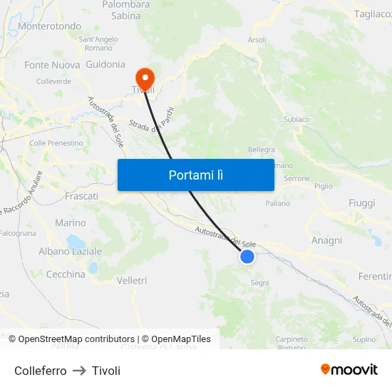 Colleferro to Tivoli map