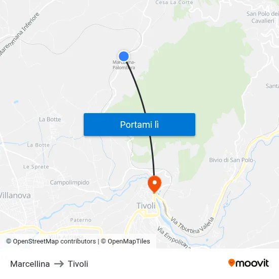 Marcellina to Tivoli map