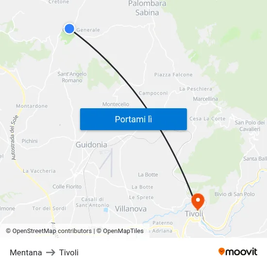 Mentana to Tivoli map