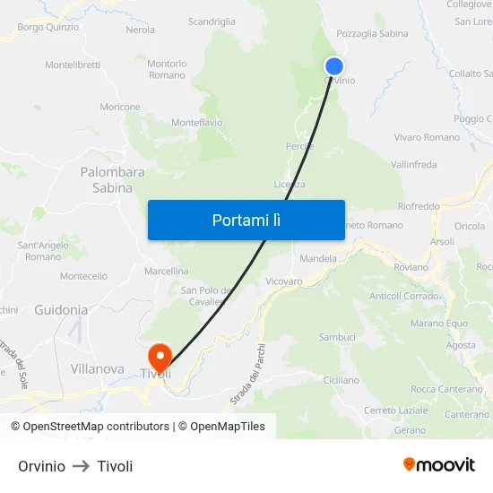 Orvinio to Tivoli map