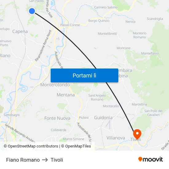 Fiano Romano to Tivoli map