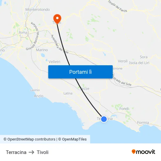 Terracina to Tivoli map