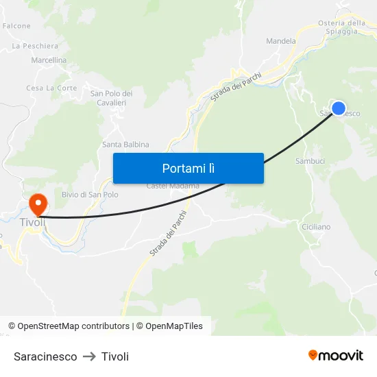 Saracinesco to Tivoli map