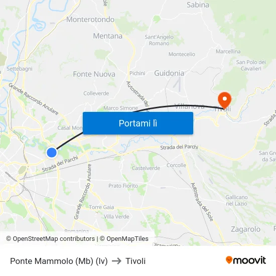 Ponte Mammolo (Mb) (Iv) to Tivoli map