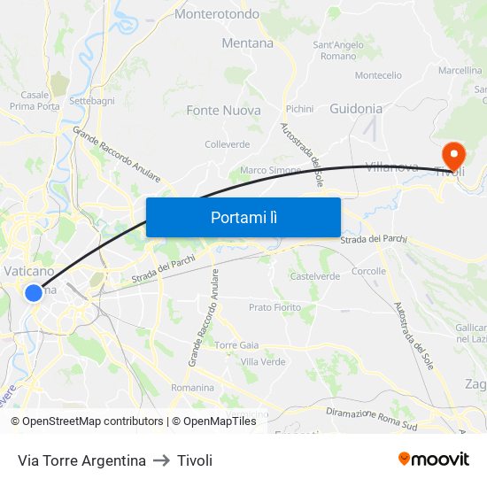 Via Torre Argentina to Tivoli map