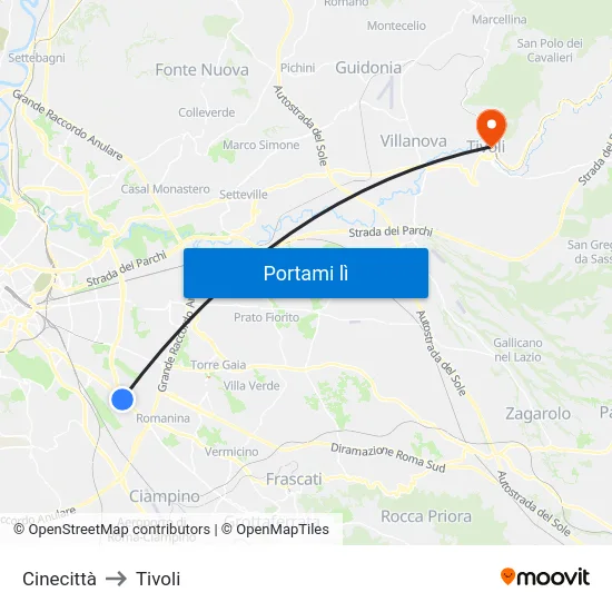 Cinecittà to Tivoli map