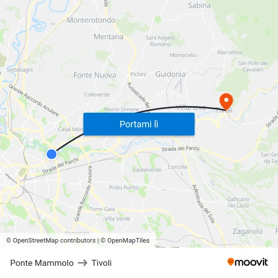 Ponte Mammolo to Tivoli map
