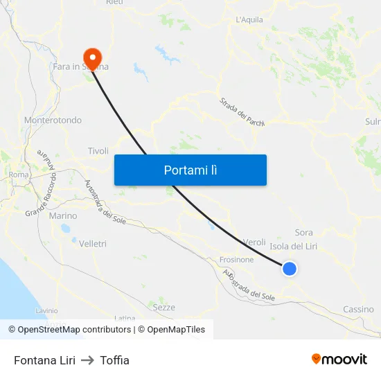 Fontana Liri to Toffia map