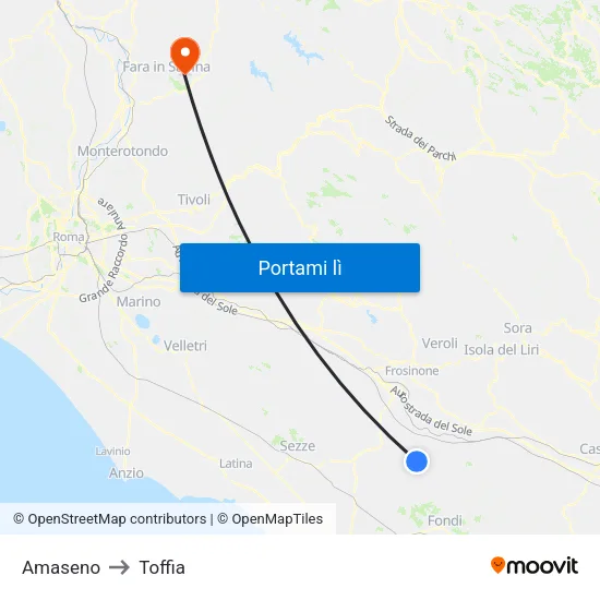 Amaseno to Toffia map