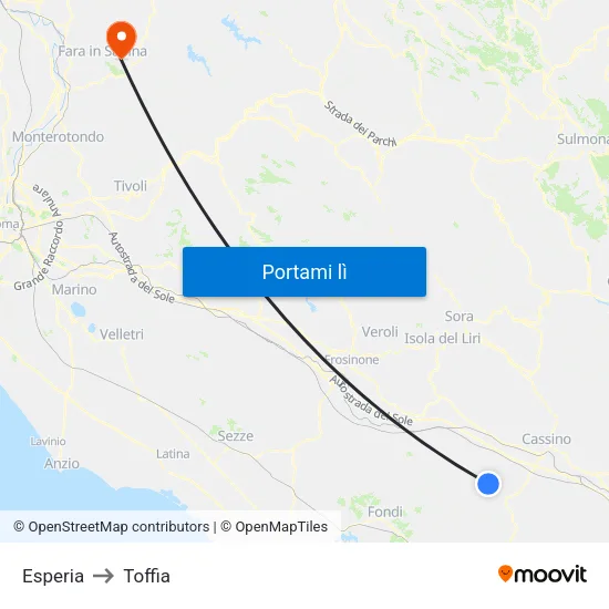 Esperia to Toffia map