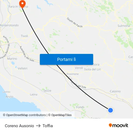 Coreno Ausonio to Toffia map