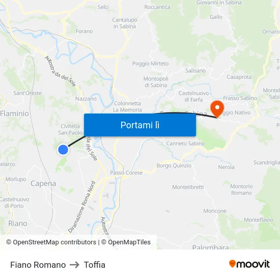 Fiano Romano to Toffia map