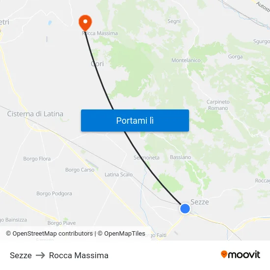Sezze to Rocca Massima map