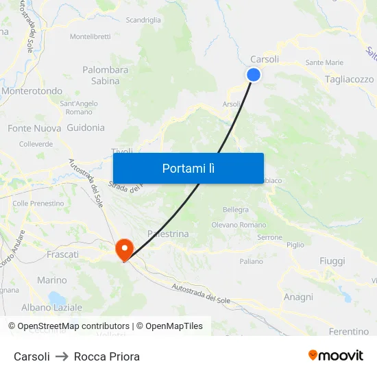 Carsoli to Rocca Priora map