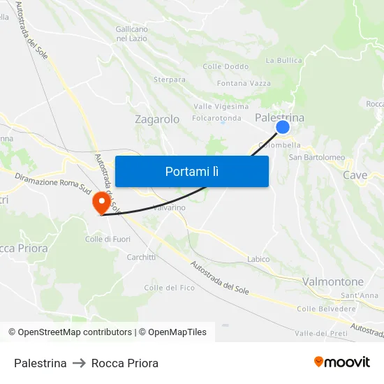 Palestrina to Rocca Priora map