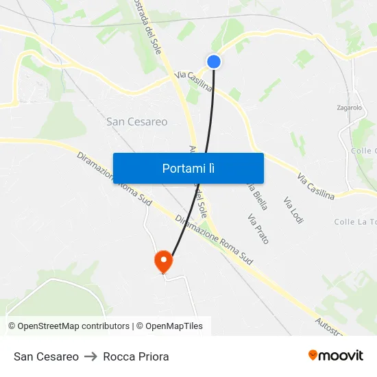 San Cesareo to Rocca Priora map