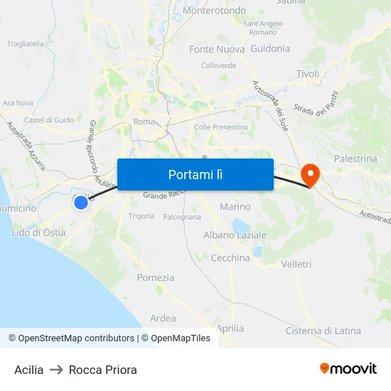 Acilia to Rocca Priora map