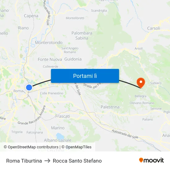 Roma Tiburtina to Rocca Santo Stefano map