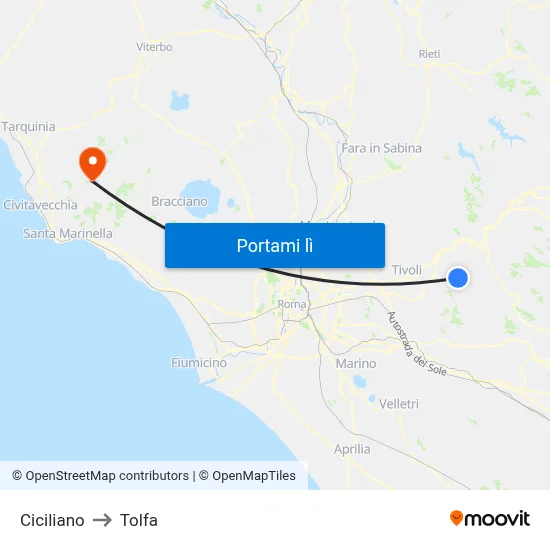 Ciciliano to Tolfa map