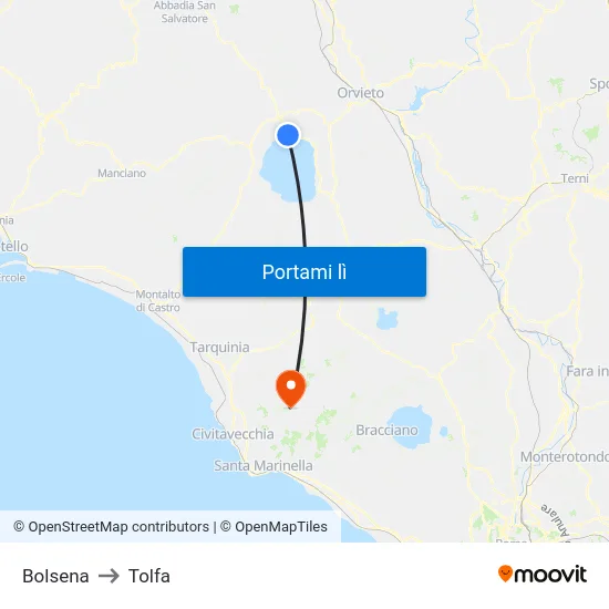 Bolsena to Tolfa map