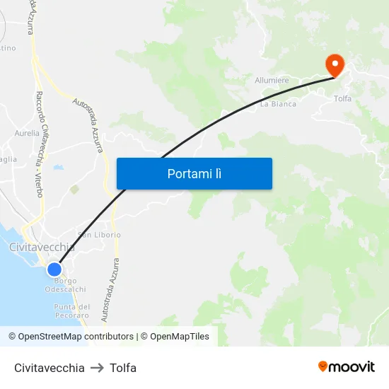 Civitavecchia to Tolfa map