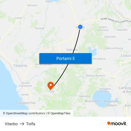 Viterbo to Tolfa map