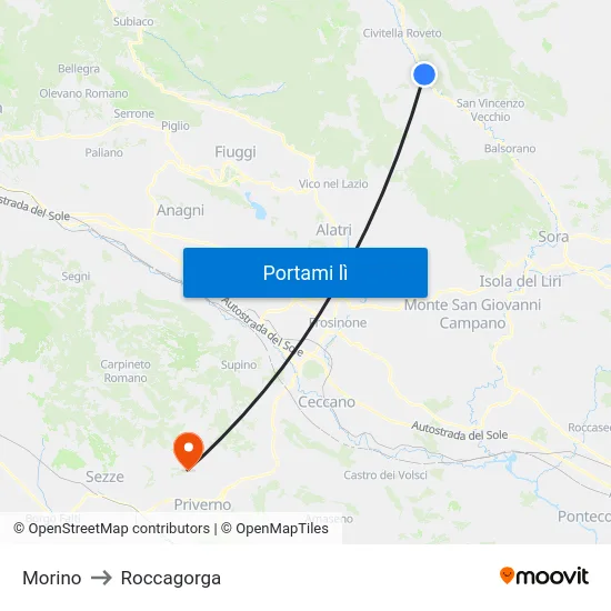 Morino to Roccagorga map