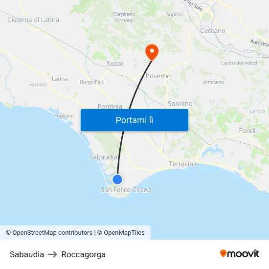 Sabaudia to Roccagorga map